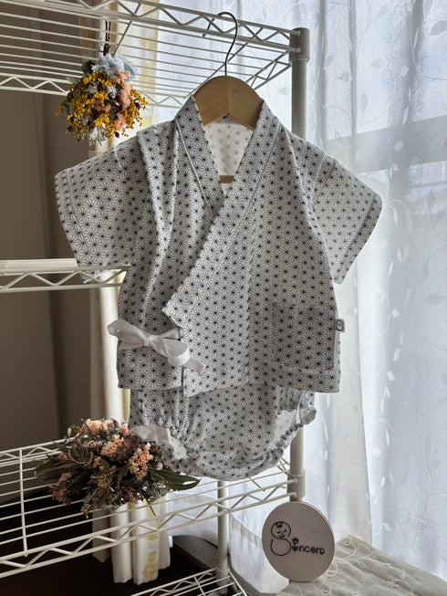 着ごこち柔らかベビー甚平 麻の葉模様 藍色