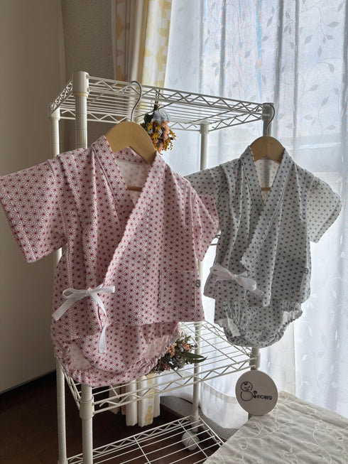 着ごこち柔らかベビー甚平 麻の葉模様 藍色