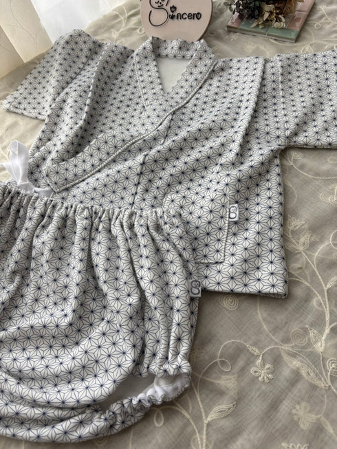 着ごこち柔らかベビー甚平 麻の葉模様 藍色