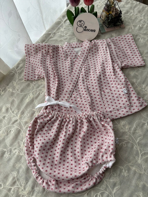 着ごこち柔らかベビー甚平 麻の葉模様 茜色