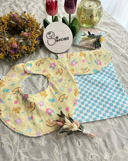 和柄とガーゼのリバーシブルスタイとふわふわ汗取りパッドのセット 市松模様水縹色&お気に入りベビー柄ガーゼ