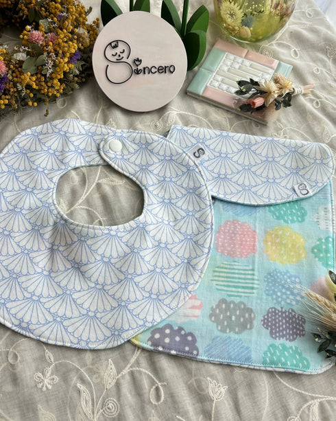 和柄とガーゼのリバーシブルスタイとふわふわ汗取りパッドのセット 扇模様藤色&カラフル雲柄ガーゼ