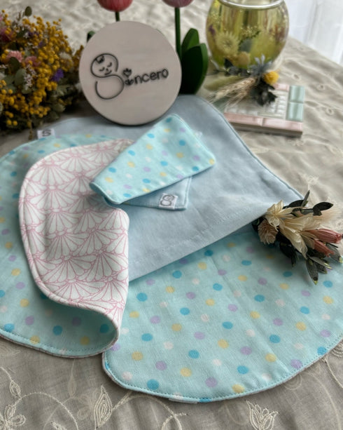 和柄とガーゼのリバーシブルスタイとふわふわ汗取りパッドのセット ミニハンカチ付き 扇模様御所染色&カラフル水玉柄&水色ガーゼ