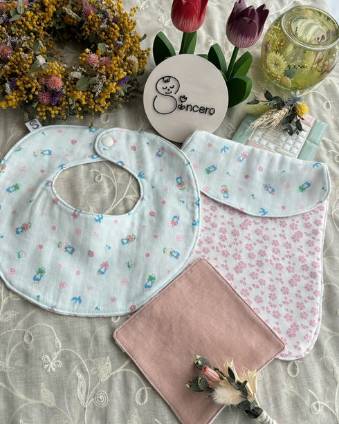 和柄とガーゼのリバーシブルスタイとふわふわ汗取りパッドのセット 桜模様&お花の精柄&ローズ色ガーゼ