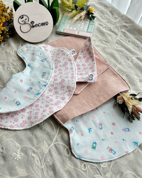 和柄とガーゼのリバーシブルスタイとふわふわ汗取りパッドのセット 桜模様&お花の精柄&ローズ色ガーゼ