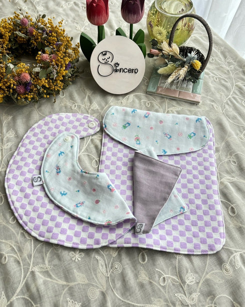 和柄とガーゼのリバーシブルスタイとふわふわ汗取りパッドのセット ミニハンカチ付き 市松模様藤紅色&お花の精柄&くすみパープル色ガーゼ