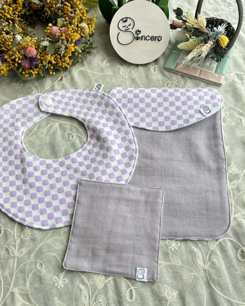 和柄とガーゼのリバーシブルスタイとふわふわ汗取りパッドのセット ミニハンカチ付き 市松模様藤紅色&お花の精柄&くすみパープル色ガーゼ