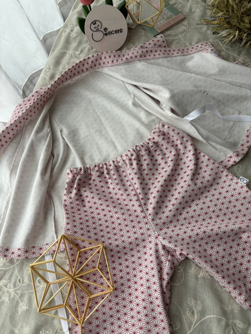 着ごこち柔らか子供用甚平 麻の葉模様 茜色 size100