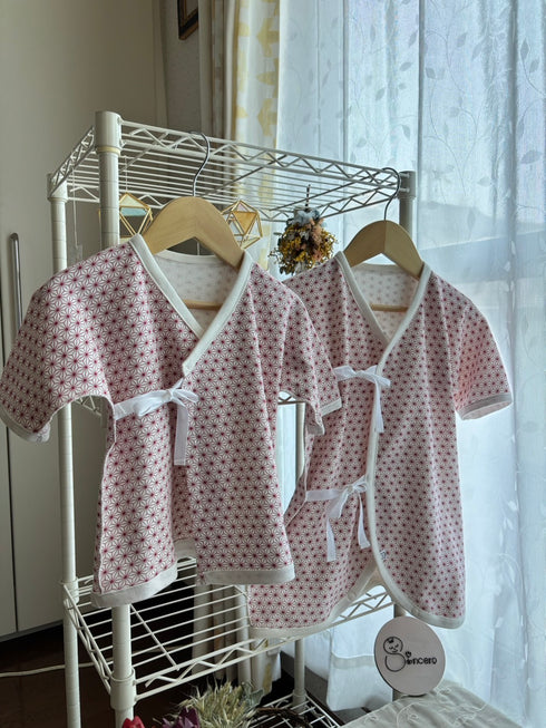 スムースニット size70 短肌着&コンビ肌着 麻の葉模様 茜色