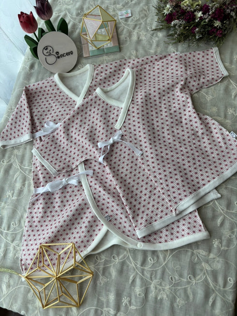 スムースニット size70 短肌着&コンビ肌着 麻の葉模様 茜色