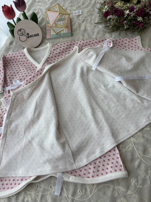 スムースニット size70 短肌着&コンビ肌着 麻の葉模様 茜色