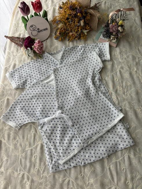 天竺ニット size60 短肌着&長肌着 麻の葉模様 藍色