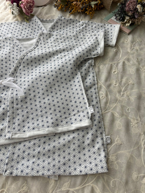 天竺ニット size60 短肌着&長肌着 麻の葉模様 藍色