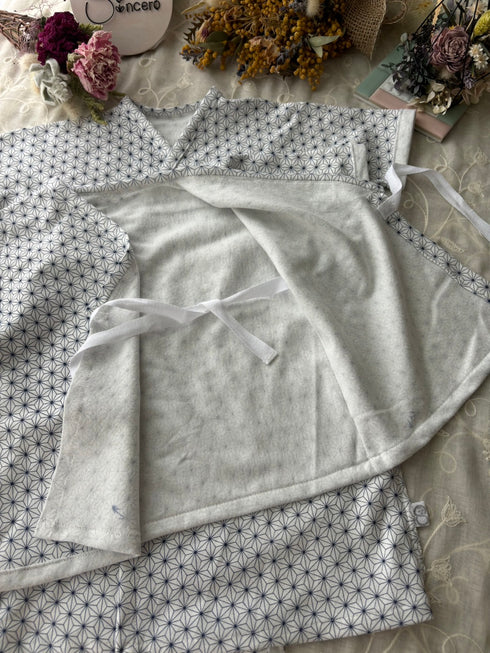 天竺ニット size60 短肌着&長肌着 麻の葉模様 藍色