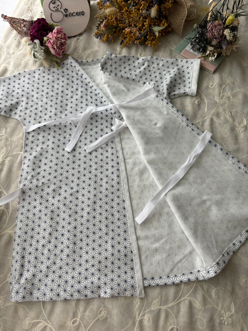 天竺ニット size60 短肌着&長肌着 麻の葉模様 藍色