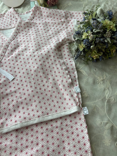 天竺ニット size60 短肌着&長肌着 麻の葉模様 茜色