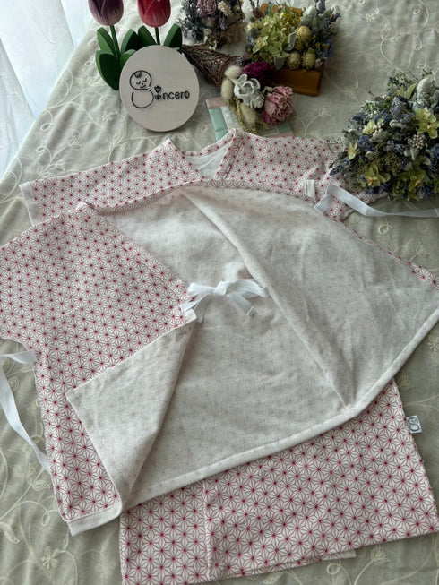 天竺ニット size60 短肌着&長肌着 麻の葉模様 茜色