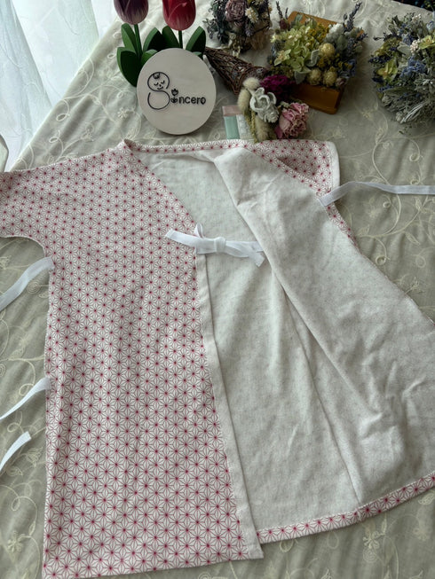 天竺ニット size60 短肌着&長肌着 麻の葉模様 茜色